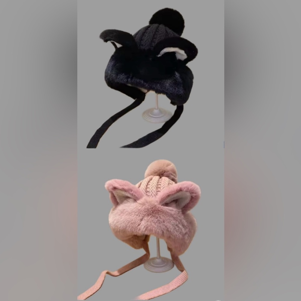 Faux Fur Cat Ear Hats - Black, Pink